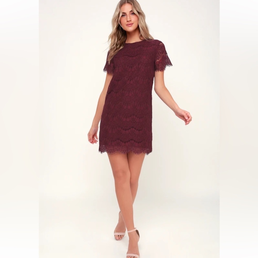 Lulus Take Me to Brunch Burgundy Lace Shift
Dress